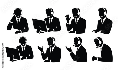 Customer Service and Tech Support Silhouettes with Headsets and Devices