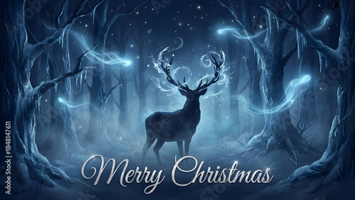 Majestic reindeer in mystical winter forest with glowing antlers
