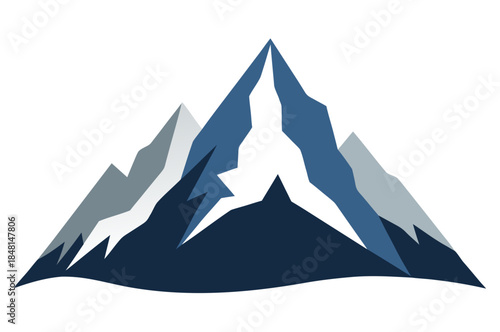 A stylized illustration of a majestic mountain range in shades of blue