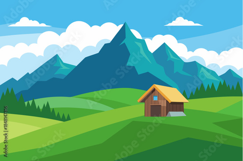Serene mountain landscape with a cozy wooden house