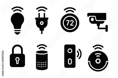 Smart home devices black and white icons set
