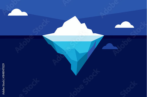 An iceberg floating in the ocean with clouds in the sky