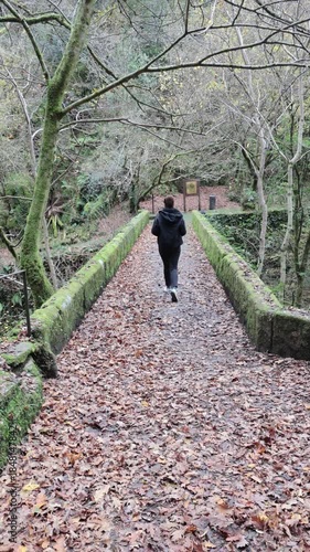 Woman walking along an old stonebridge covered in fallen autumn leaves