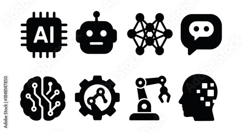 Technology and AI black icons set