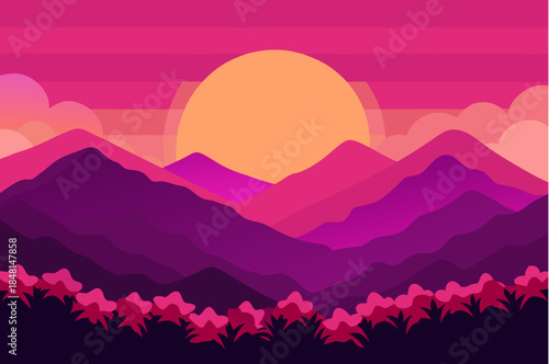 Vibrant mountain landscape at sunset with silhouetted peaks and foreground foliage