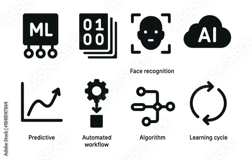Technology and Data Science Black-and-White Icons Set