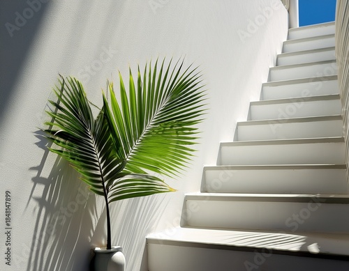 a vibrant green palm leaf rests gently on the bright white outdoor stairs creating interesting shadows from the sunny light