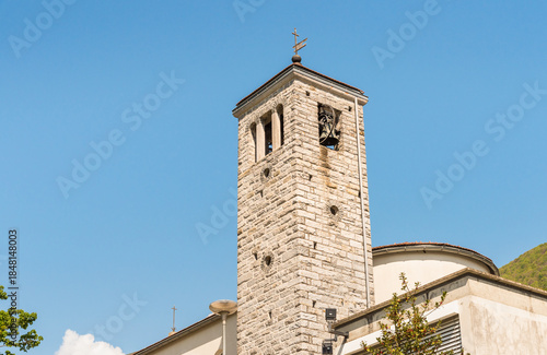 Bell Tower of the Montedato Church situated in Lavertezzo Piano, near Riazzino, in the canton of Ticino, Switzerland.