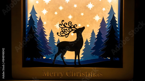 Merry Christmas greeting with silhouette reindeer in snowy forest
