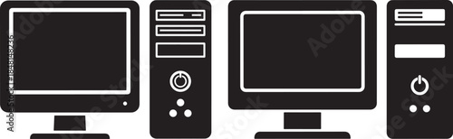 Two pairs of desktop computer icons with monitor and tower in a black silhouette style
