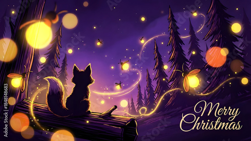 Whimsical Christmas scene with fox surrounded by fireflies in forest