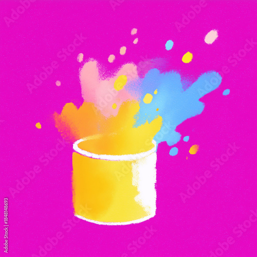 Colorful Paint Splash Bursting from Yellow Cup
