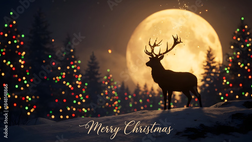 Majestic reindeer stands under a bright full moon on a snowy hill with colorful Christmas lights on trees