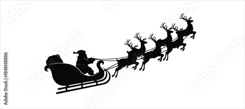 Santa Claus riding sleigh with reindeer, flying Christmas silhouette illustration, festive holiday scene, winter Christmas vector art, traditional Santa sleigh , Christmas silhouette of Santa   