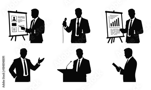 Silhouettes of Business Professionals in Meeting and Presentation Scenes