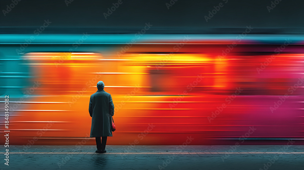 Fototapeta premium Commuter Watching Fast Moving Colorful Metro Train