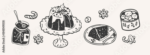 Charming Festive Christmas Desserts Doodle. Cute Pudding and Holiday Cookies Overhead Illustration. Outline Hand-Drawn Vector Illustration