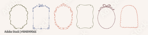 Charming Coquette Vintage Frames Doodle Set. Cute Ornate Scrolled Borders Collection Illustration. Outline Hand-Drawn Vector Illustration