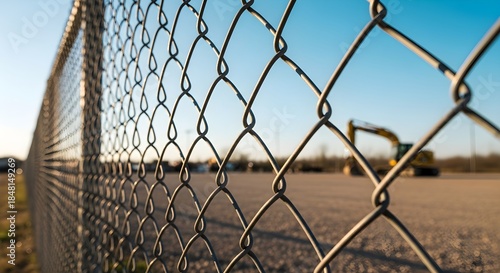 Behind The Chain Link Fence Industrial Yard with Construction Equipment and Security