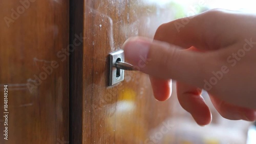 Close-up of a person's hand inserting and turning an old metal key in the keyhole of a vintage wooden cabinet, unlocking or locking the furniture for safety and privacy concepts