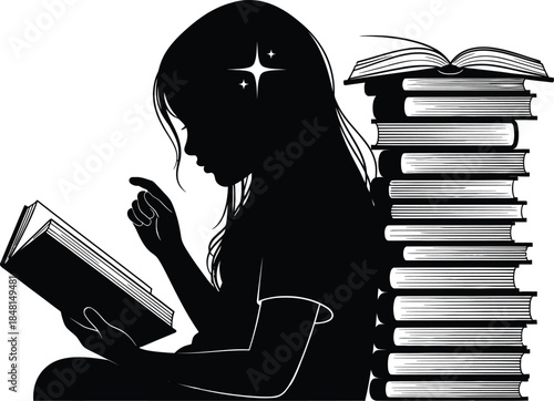 Girl Sitting on a Book - Minimalist Silhouette Design , black colour vactor,  illustration of a girl reading a book 