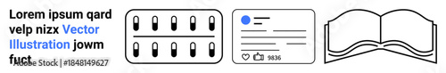 Digital technology, medical information, education, online learning, content creation, health awareness. Array of capsules, social media post template and an open book outline. Health information