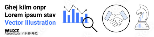 Data analysis, collaboration, strategy, planning, financial growth, decision-making. Features a bar chart with magnifying glass, handshake and chess piece. Data analysis and collaboration concept
