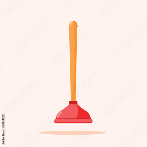 illustration of a rubber toilet plunger with a wooden handle, household equipment