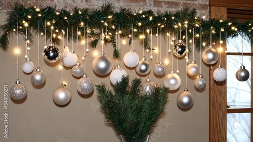 Hanging ornaments and lights adorn the greenery, adding a warm and inviting feel to the indoor space during the festive time of year