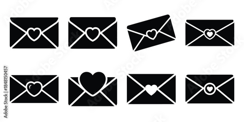 valentine gift envelope minimal flat vector icon set, black color and white background