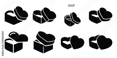 valentine heart box minimal flat vector icon set, black color and white background