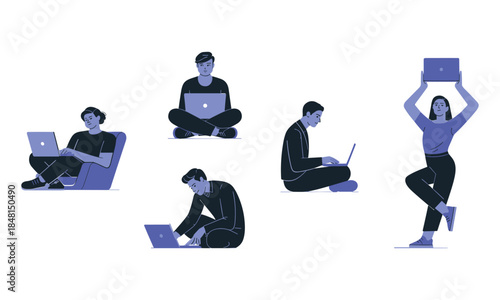 Stylized Illustrations of People Using Laptops Comfortably