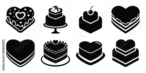 valentine heart cake minimal flat vector icon set, black color and white background
