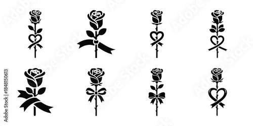 valentine rose ribbon minimal flat vector icon set, black color and white background