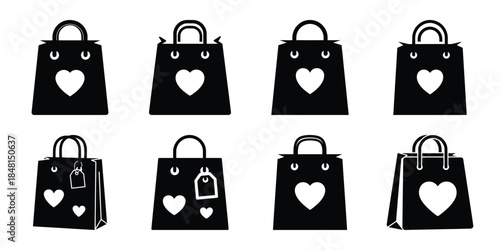 valentine shopping bag minimal flat vector icon set, black color and white background