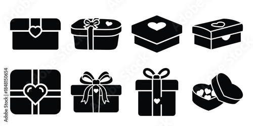 valentine sweet box minimal flat vector icon set, black color and white background