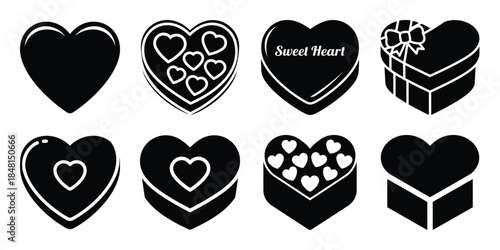 valentine sweet heart minimal flat vector icon set, black color and white background