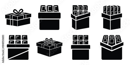 chocolate box minimal flat vector icon set, black color and white background