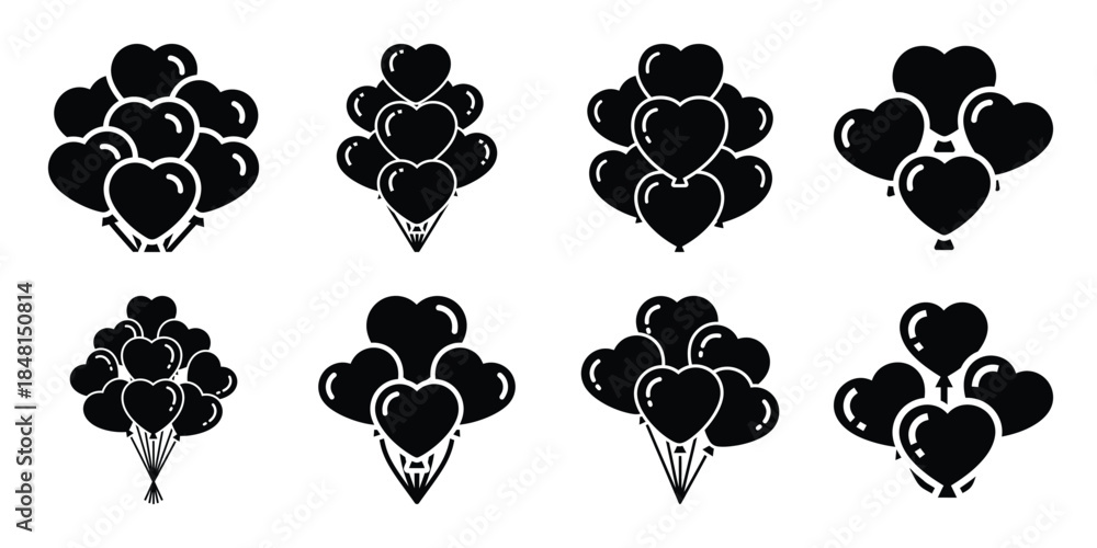 Fototapeta premium heart balloon cluster minimal flat vector icon set, black color and white background