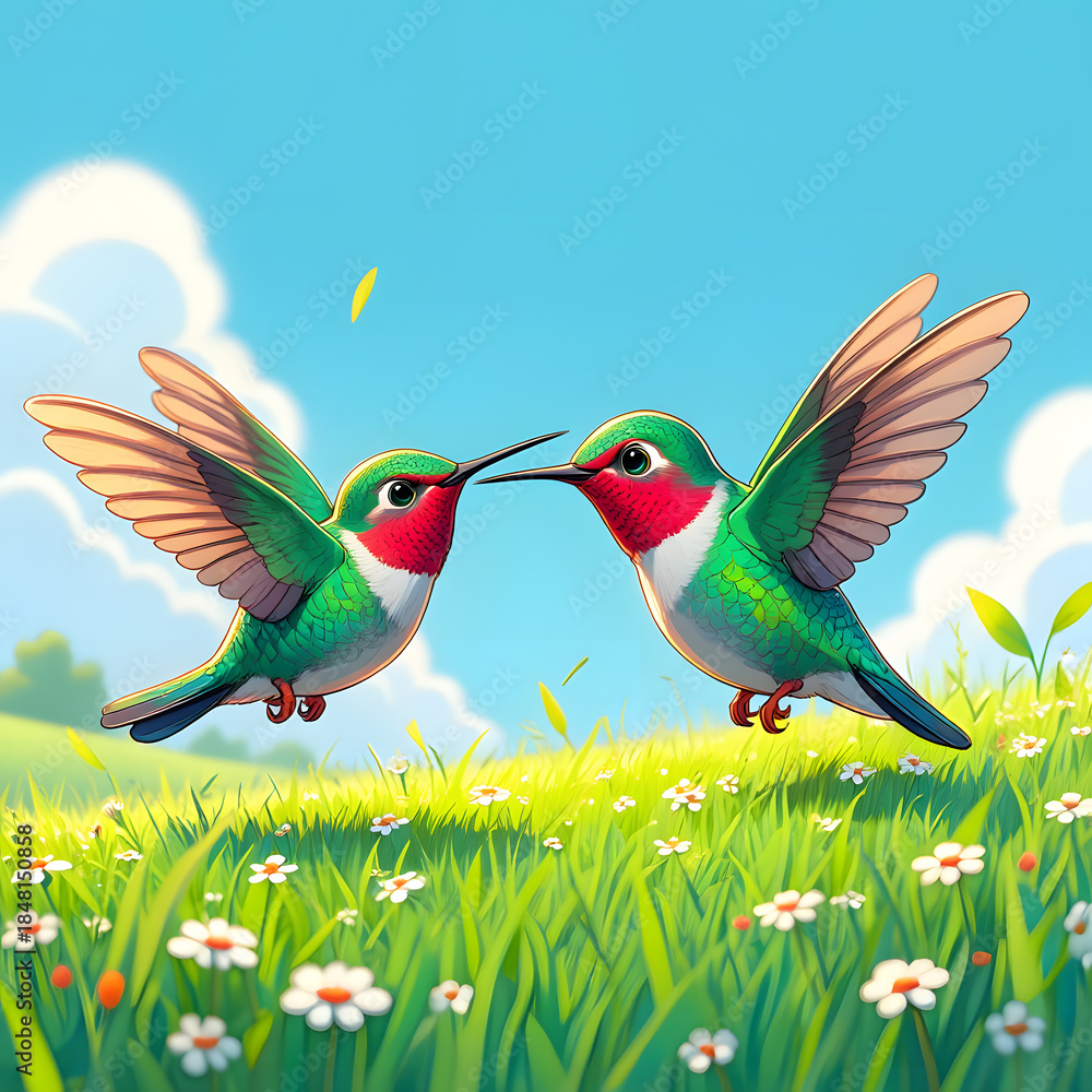 Obraz premium Hummingbirds in flight over flowers