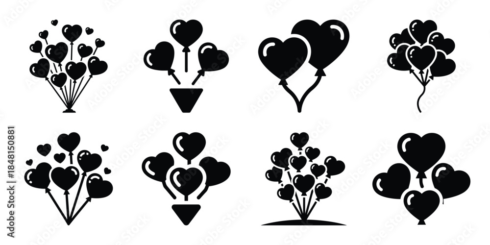 Fototapeta premium heart balloon release minimal flat vector icon set, black color and white background