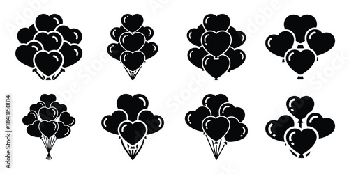 heart balloon cluster minimal flat vector icon set, black color and white background