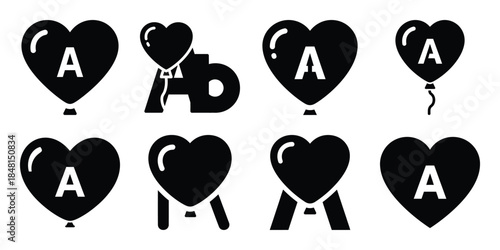 heart balloon letter minimal flat vector icon set, black color and white background