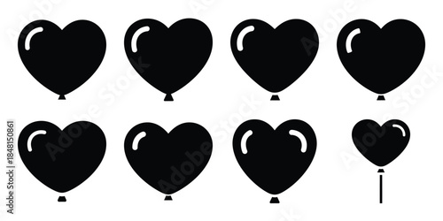 heart balloon minimal flat vector icon set, black color and white background