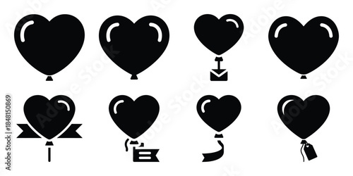 heart balloon message minimal flat vector icon set, black color and white background