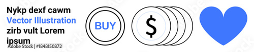 Online shopping, financial transactions, e-commerce tools, digital marketing, customer engagement, payment options. Four icons include Buy button, dollar sign coins and a blue heart. E-commerce