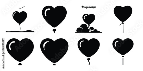 heart balloon sky minimal flat vector icon set, black color and white background