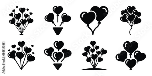heart balloon release minimal flat vector icon set, black color and white background