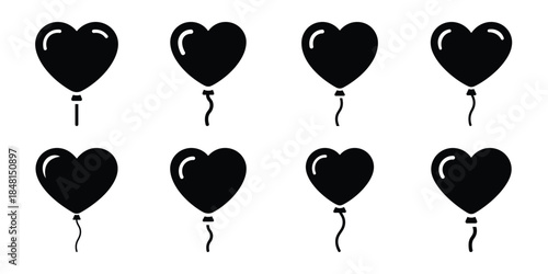 heart balloon string minimal flat vector icon set, black color and white background