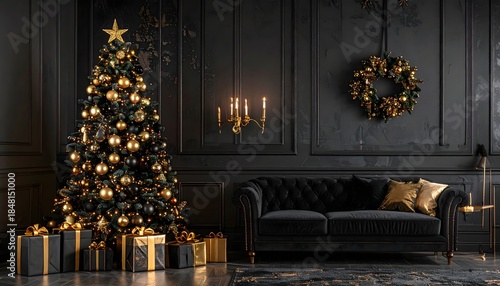 Christmas Tree with Gifts in Luxury Living Room.